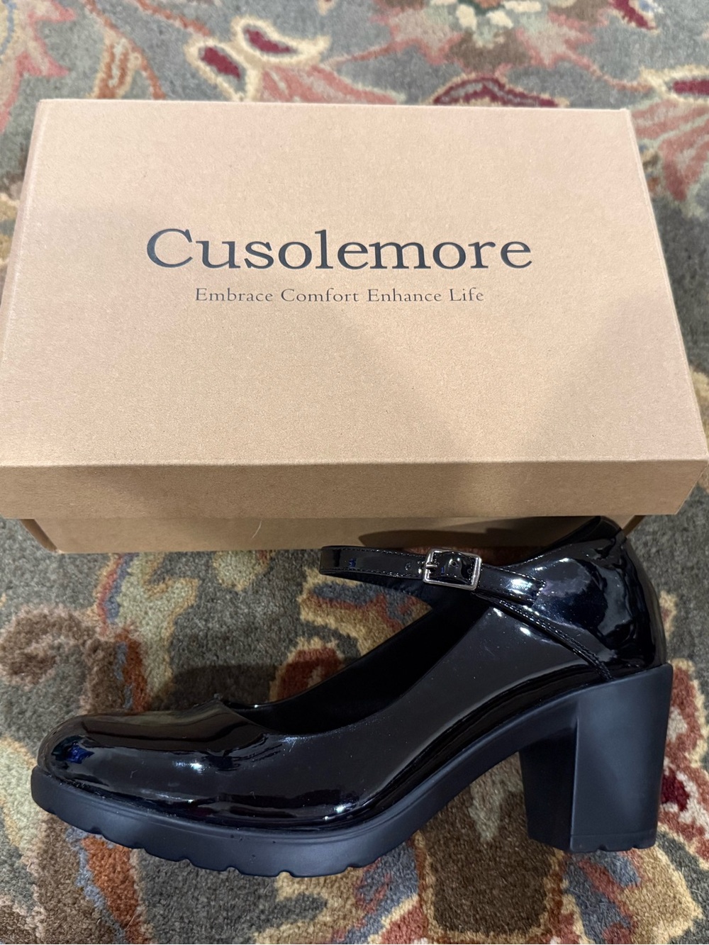 Cusolemore Black Patent Mary Jane Block Heel Pumps